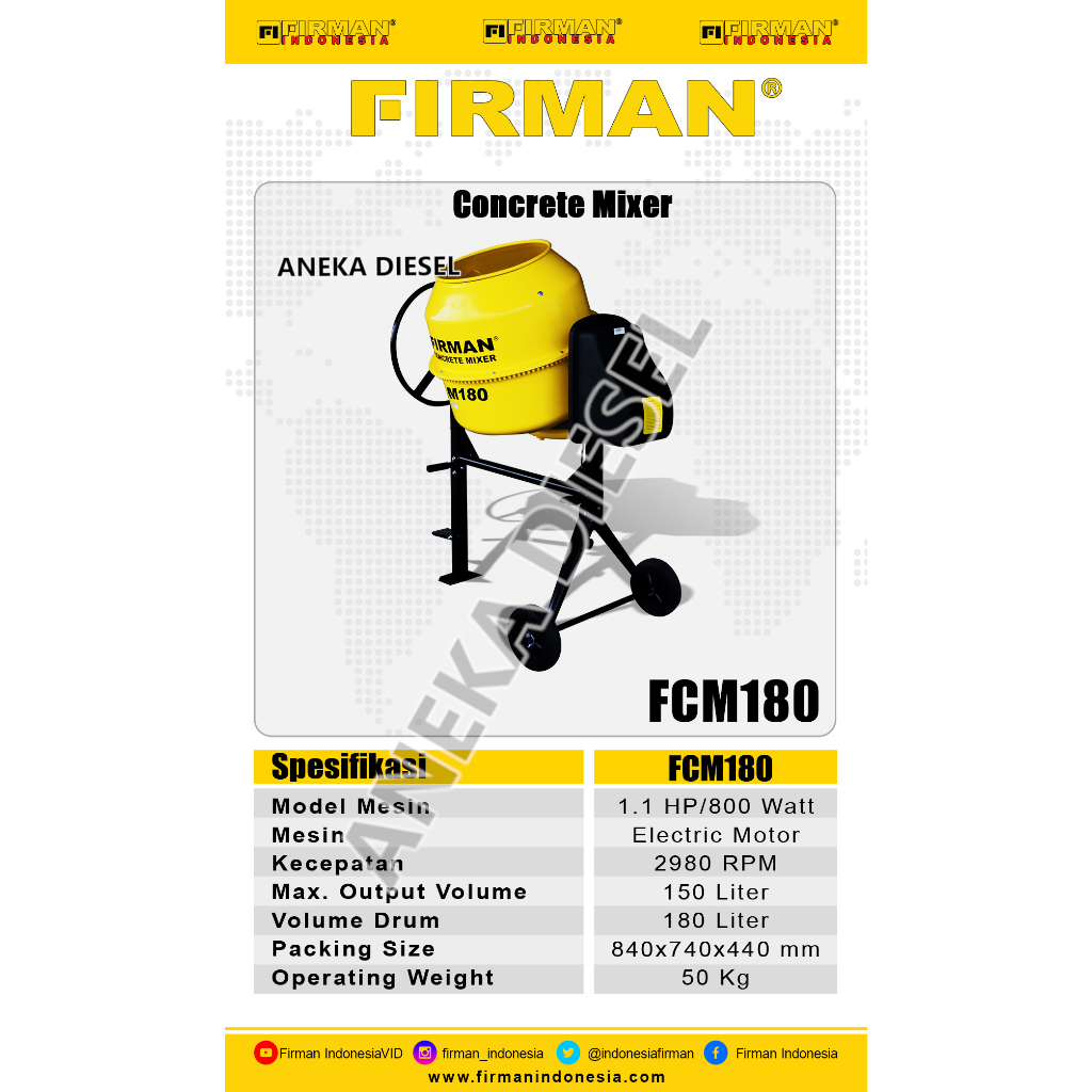 Firman FCM180 / Mesin Molen Listrik Molen Mini Pengaduk Semen 150L / Concrete Mixer