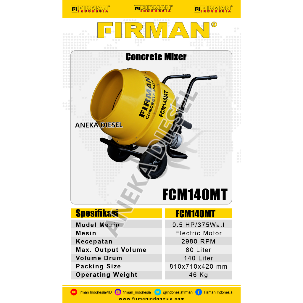 Firman FCM 140 MT / Mesin Molen Listrik Molen Mini Pengaduk Semen 80L / Concrete Mixer