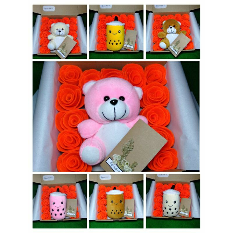 

[ Bisa COD ] Gift Box Bunga Mawar Flanel warna oranye + Boneka FREE KARTU UCAPAN // Kado Pasangan// Hampers // Wisuda