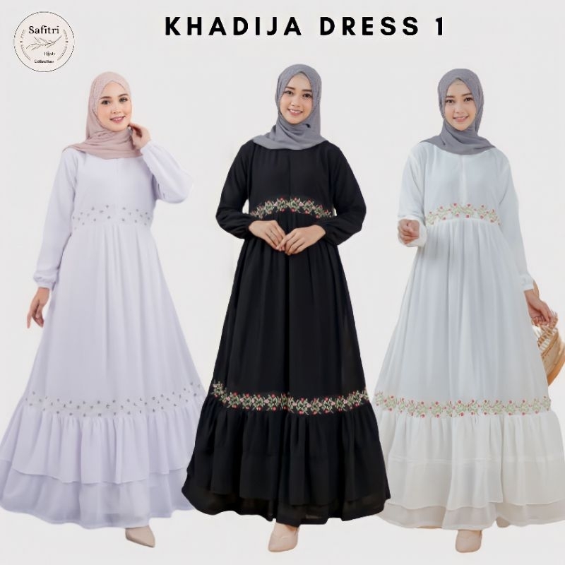 KHADIJA DRESS 1 Gamis bahan ceruty babydol putih bersih putih tulang broken white hitam Umroh/Manasik haji by Safitri Fashion-1