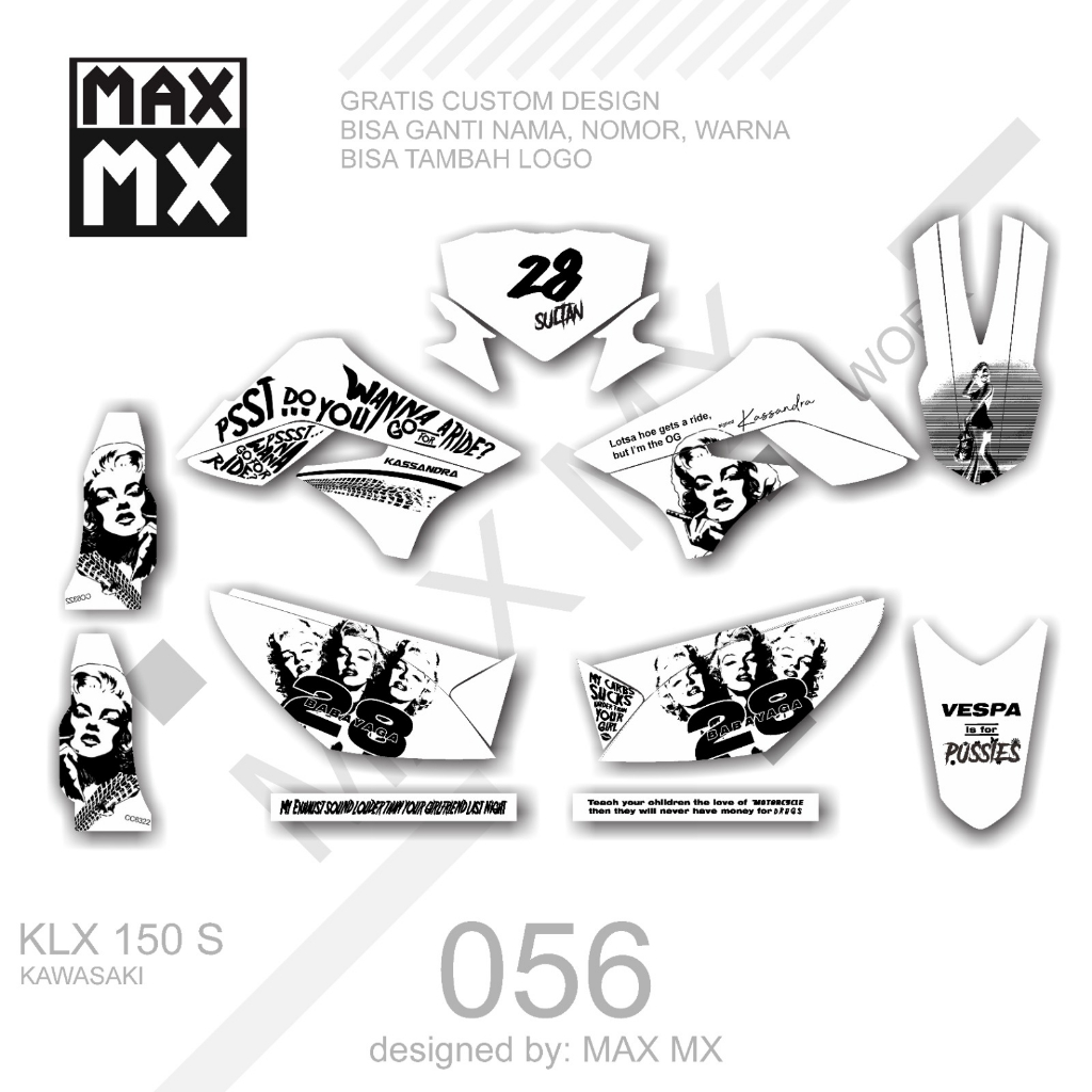 decal keren stiker full body klx 150 s variasi striping motif putih hitam keren