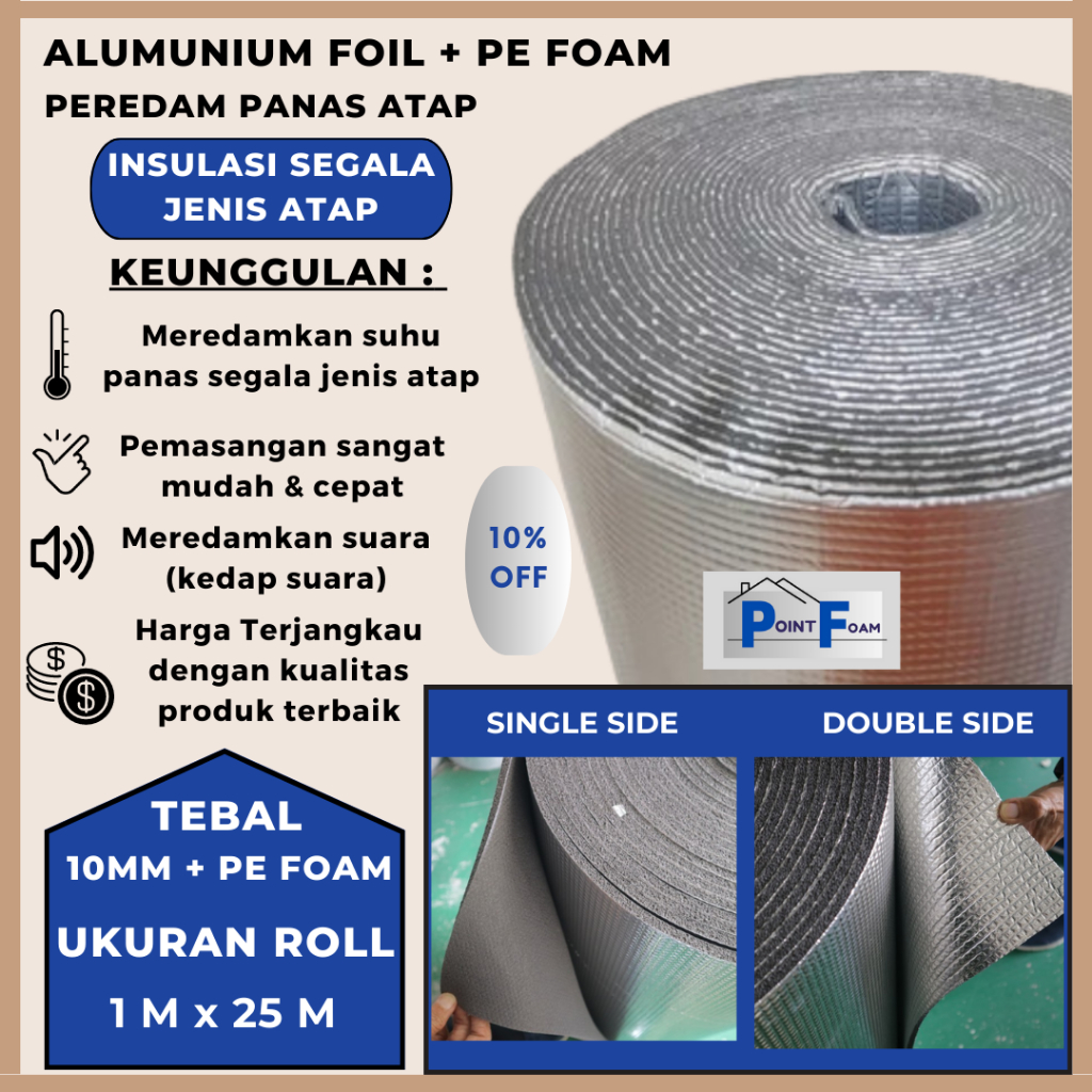 Alumunium Foil + PE Foam Peredam Panas Atap Tebal 10mm Insulasi Segala Jenis Atap Roll 25 Mtr