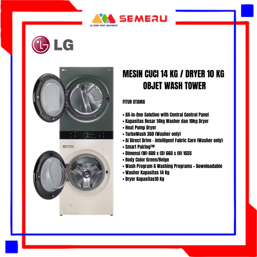 LG MESIN CUCI 14 KG / DRYER 10 KG OBJET WASH TOWER WT-1410NHEG (FREE PENGANTARAN WILAYAH MAKASSAR)