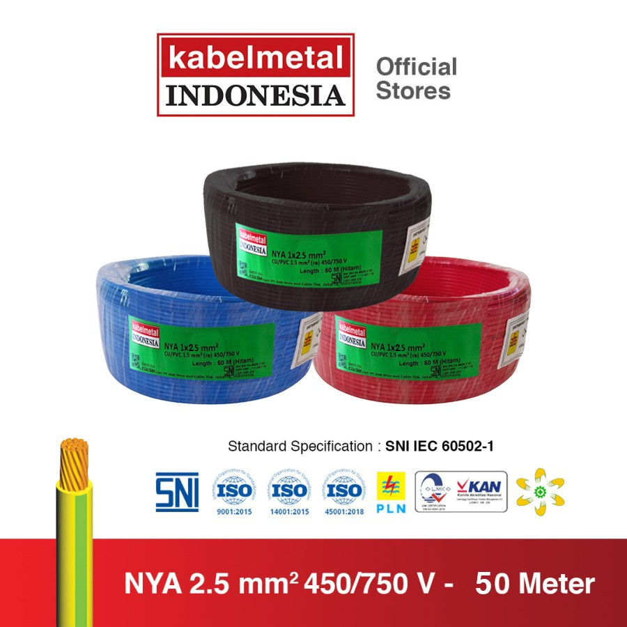 Kabel NYA 2.5 mm 50 Meter Roll kabelmetal INDONESIA - Engkel Kawat Tembaga Tunggal PVC Listrik SNI K