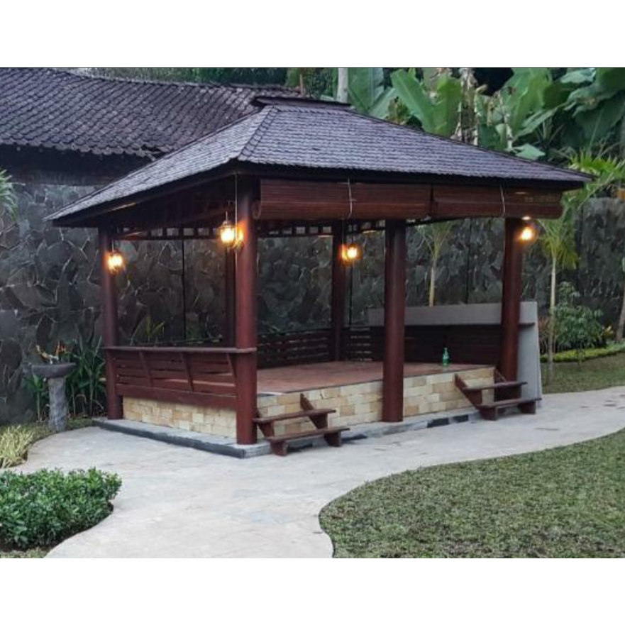Gazebo Ukuran Besar 6x3 Meter Kayu Kelapa Atap Sirap Kayu Ulin Tanpa Lantai Kayu
