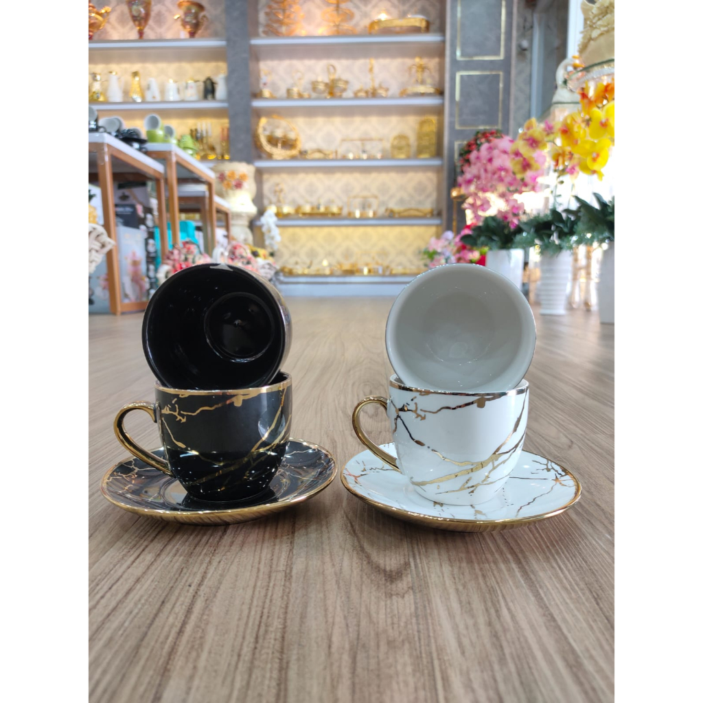 Cangkir/Gelas Keramik Set Marble Hitam Putih isi 6pcs