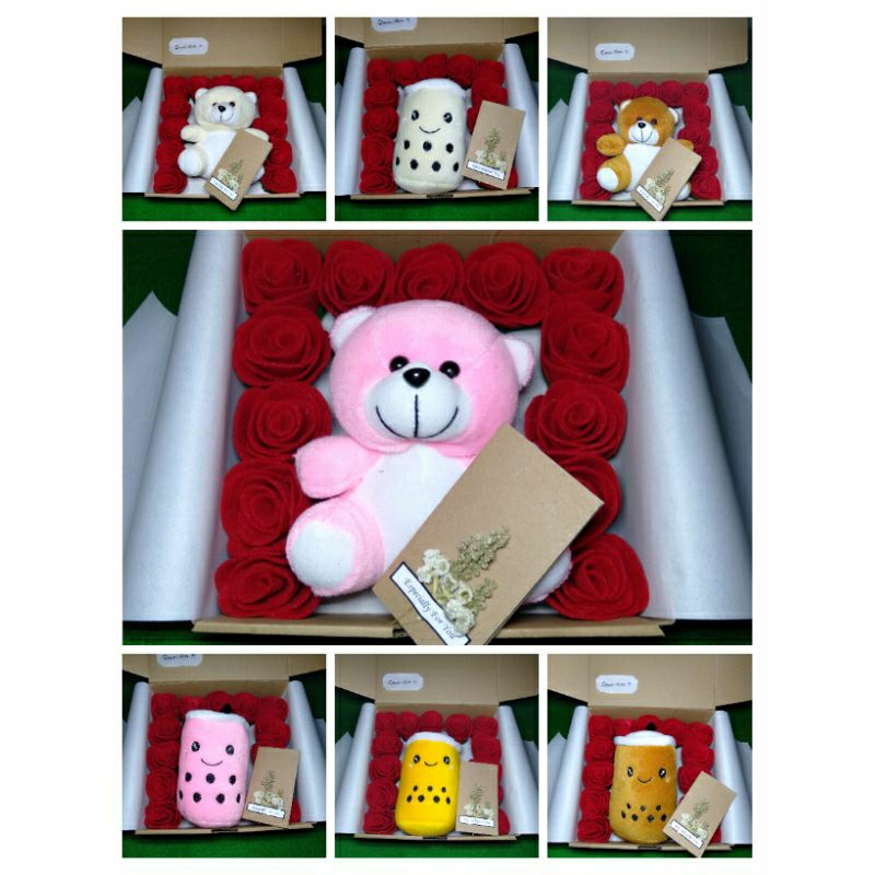 

[ Bisa COD ] Gift Box Bunga Mawar Flanel Merah + Boneka FREE KARTU UCAPAN// Hampers// Kado Pasangan // Wisuda