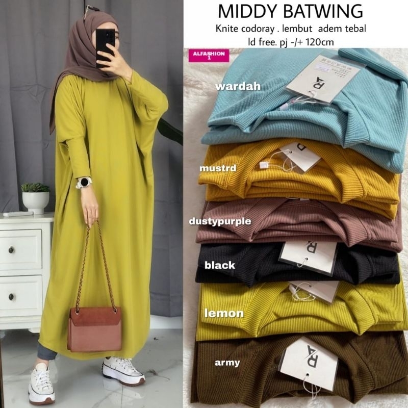 Middy Batwing warna biru kuning mustard dusty purple ungu hitam black lemon army gamis abaya muslima