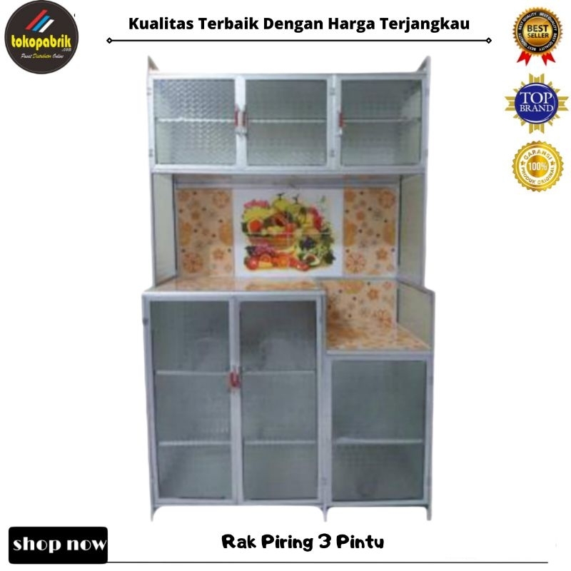 Rak Piring 3 Pintu Minimalis Kaca Keramik / Lemari Dapur Alumunium Murah Bandung Bogor