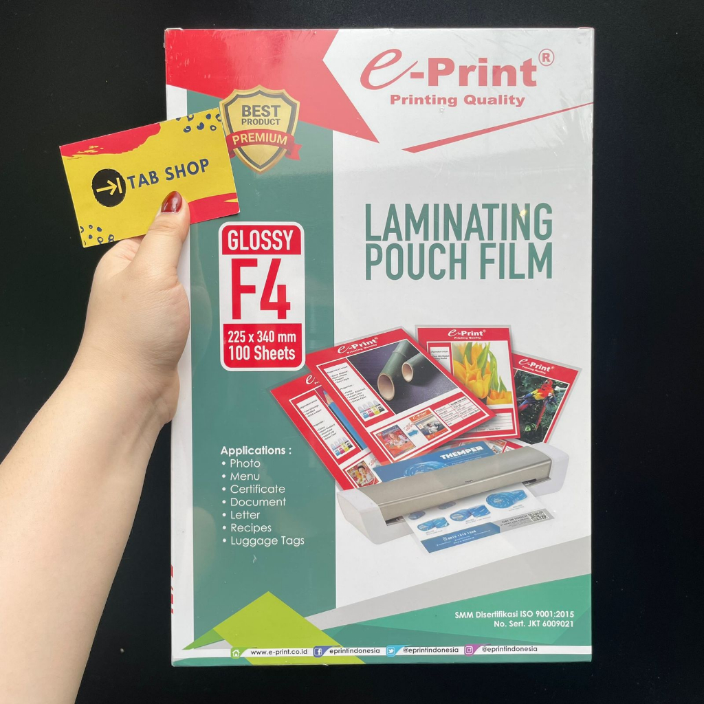 

TAB SHOP - E-PRINT LAMINATING POUCH F4 100 SHEETS ECO - E-PRINT LAMINATING LAMINASI PANAS EKONOMIS F4 100 SHEET