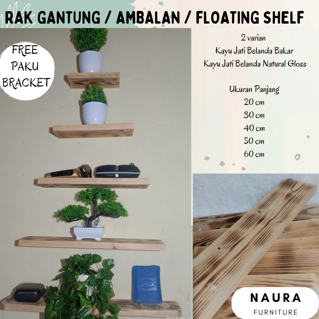 Rak dinding melayang ambalan kayu jati belanda