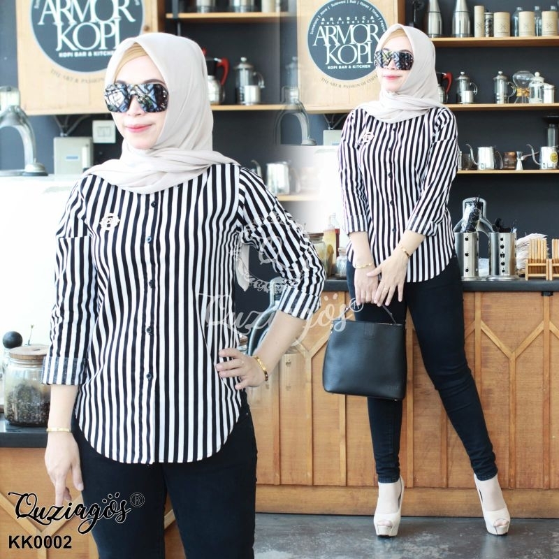 ATASAN WANITA SALUR KEMEJA BLOUSE salur UNIQLO LENGAN BALON TK0001