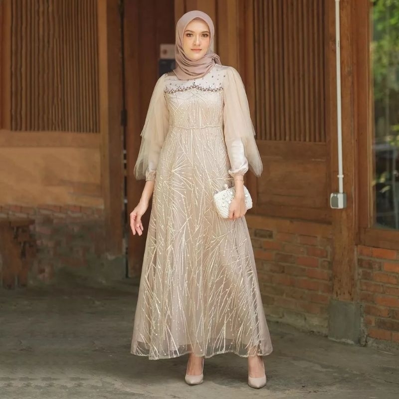 SUHITA GAUN PESTA / Full Tulle bordir aplikasi payet lengan balon tulle / baju kondangan / wisuda / 