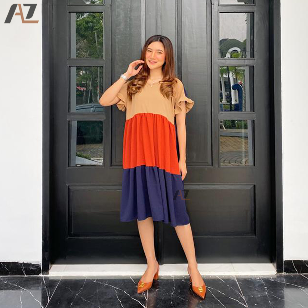 Midi Home Dress Wanita Kombinasi Warna Baju Daster Kekinian Crinkle Airflow Busui Resleting Depan Remaja Dewasa Modern Santai Ruffle Rempel Crincle Cringkle Cringkel Premium Polos