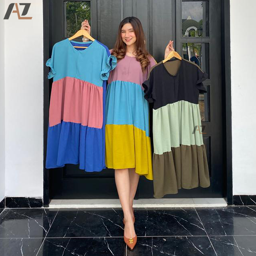 Midi Home Dress Wanita Kombinasi Warna Baju Daster Kekinian Crinkle Airflow Busui Resleting Depan Remaja Dewasa Modern Santai Ruffle Rempel Crincle Cringkle Cringkel Premium Polos