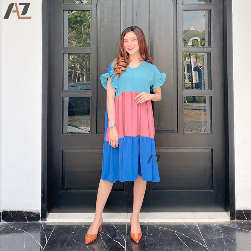 Midi Home Dress Wanita Kombinasi Warna Baju Daster Kekinian Crinkle Airflow Busui Resleting Depan Remaja Dewasa Modern Santai Ruffle Rempel Crincle Cringkle Cringkel Premium Polos