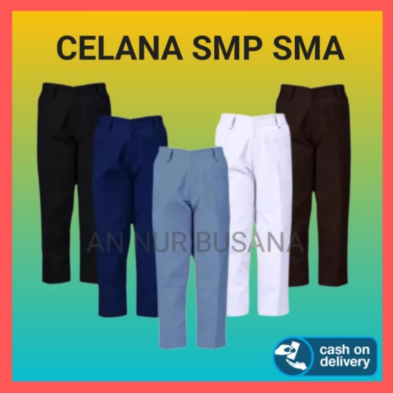 Seragam Sekolah Celana SMP SMA Biru Abu Putih Hitam Pramuka Panjang Pria