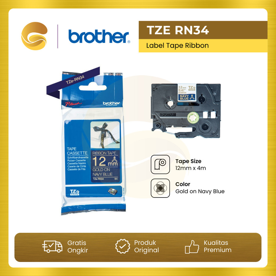 

BROTHER Label Tape Tze RN34 Ribbon Gold on Navy Blue Tape 12mmx4m