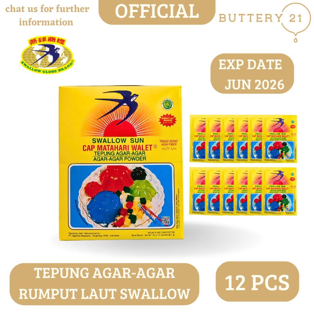 

TEPUNG AGAR AGAR SWALLOW PLAIN 7 GR 1 BOX (12 PCS)