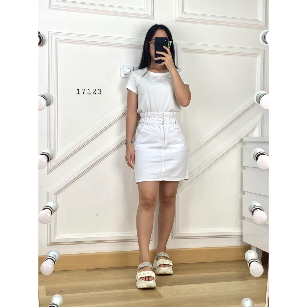17123 ROK TXM JEANS MINI COLOR WHITE BUTTON COCOLITE SLETING DEPAN TWIN POCKET FULL PINGGANG KARET K