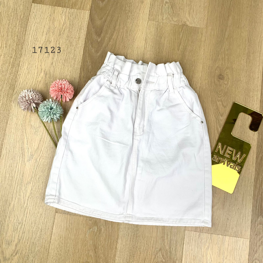 ROK TXM JEANS MINI COLOR WHITE BUTTON COCOLITE SLETING DEPAN TWIN POCKET FULL PINGGANG KARET KELILIN