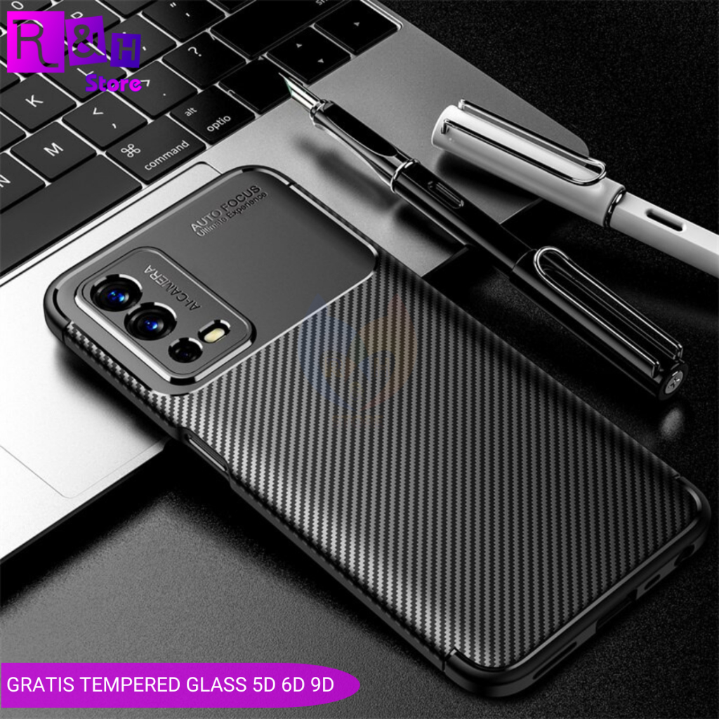 PROMO Case Oppo A55 4G Autofocus Carbon Silicon Fiber Softcase TPU Bumper + GRATIS Tempered Glass 5D