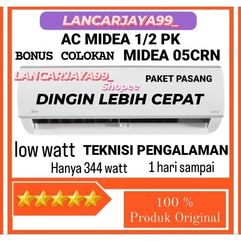 ac midea 1/2 pk low watt paket pasang