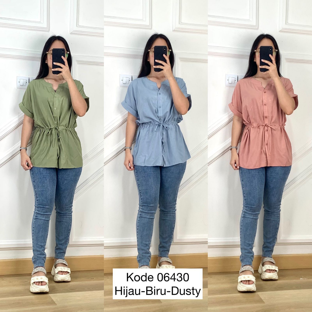 06430 BLOUSE KEMEJA KATUN OVERSIZED BASIC POLOS KERAH V NECK TANGAN LIPAT PENDEK VARIASI PINGGANG SE