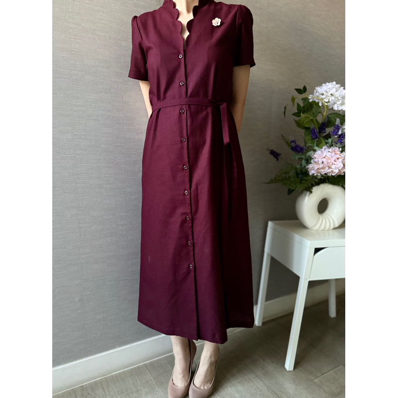 BPC_Cloud Brooch Belted Linen Dress / Dress wanita / Dress CNY / Dress Chinese new Year