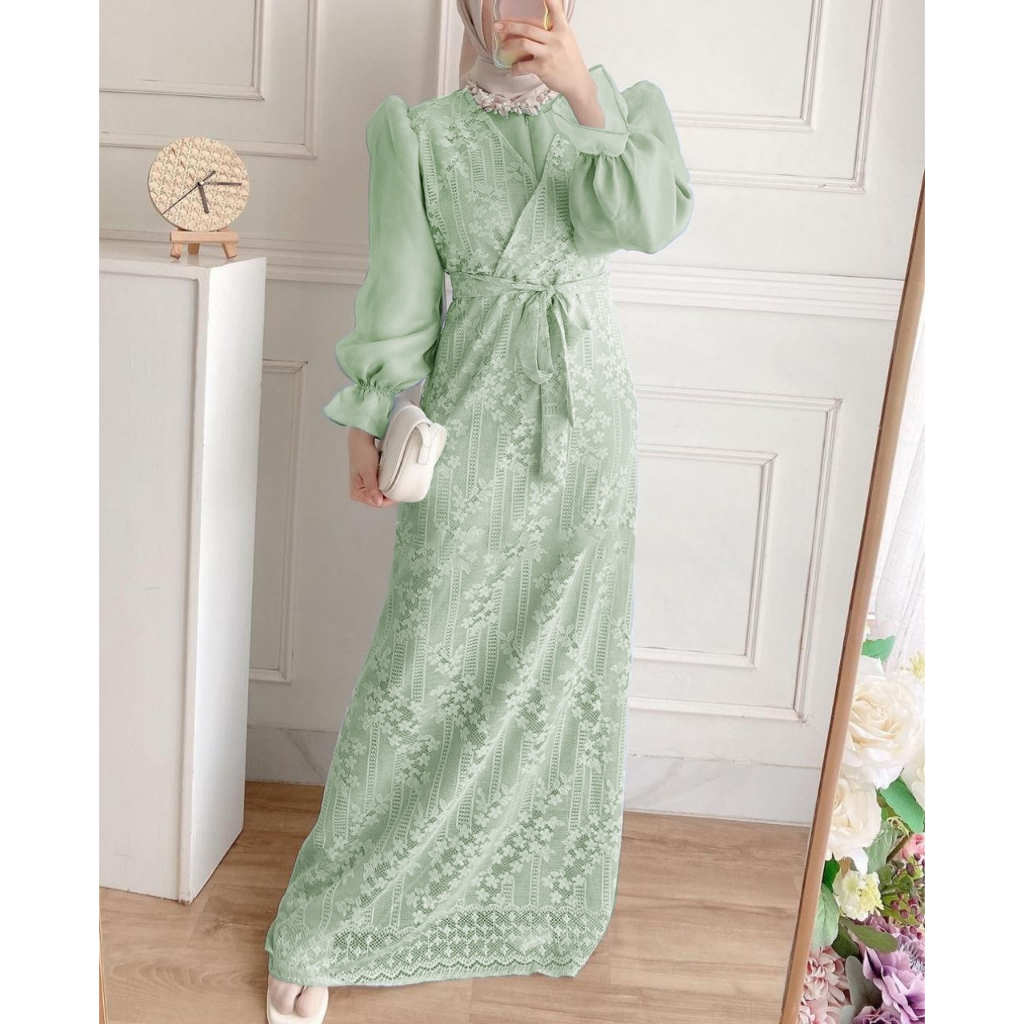 Dress Maxi Oliv Sage  Dres kebaya moderen Gamis wisuda gamis kondangan dan pesta kekinian Lengan Bal