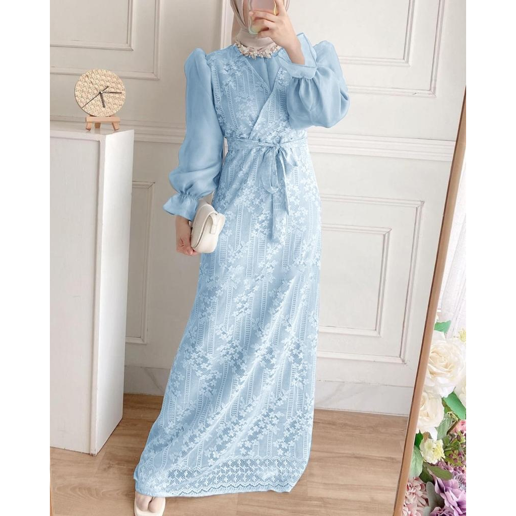 Dress Maxi Oliv Biru Muda Dres kebaya moderen Gamis wisuda gamis kondangan dan pesta kekinian Lengan