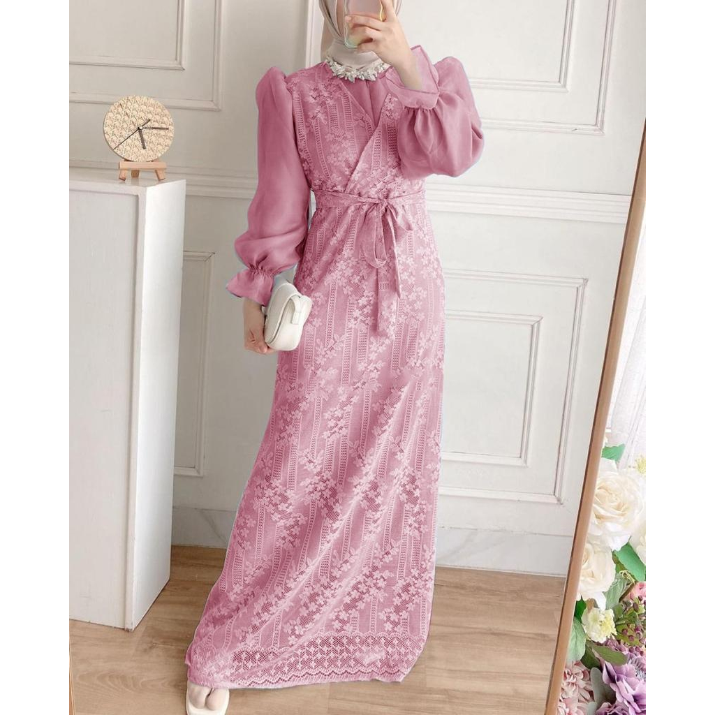 Dress Maxi Oliv Dusty Dres kebaya moderen Gamis wisuda gamis kondangan dan pesta kekinian Lengan Bal