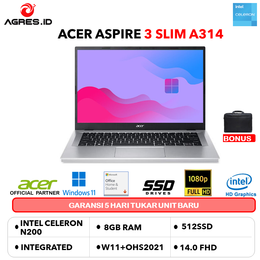 ACER ASPIRE 3 SLIM A314 INTEL N200 8GB 512GB W11+OHS 14.0FHD SLV -36P.P3ET