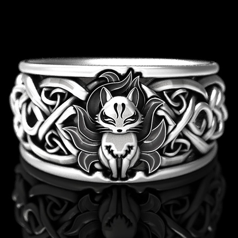 Cincin Ratu Kucing / Cincin Silver Motif Rubah Sembilan Ekor Gaya Viking / Aksesoris Fashion Jewelry