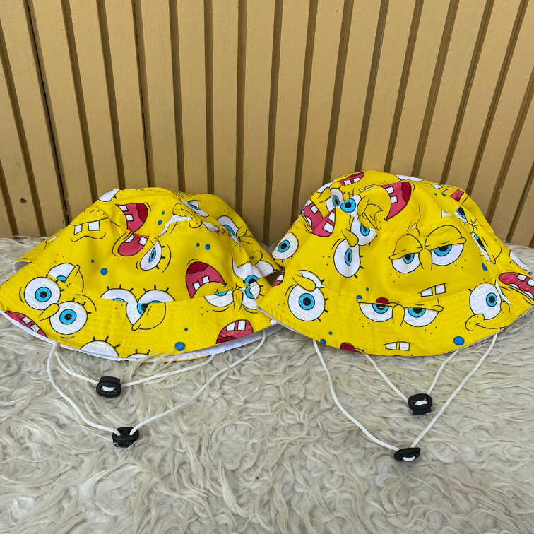 Topi Bucket Hat Anak Tali Sablon SpongeBob Bahan Drill
