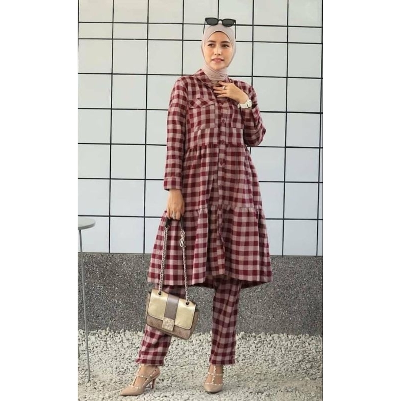 SETELAN CELANA PANJANG MOTIF KOTAK" BAJU KANTOR sefa