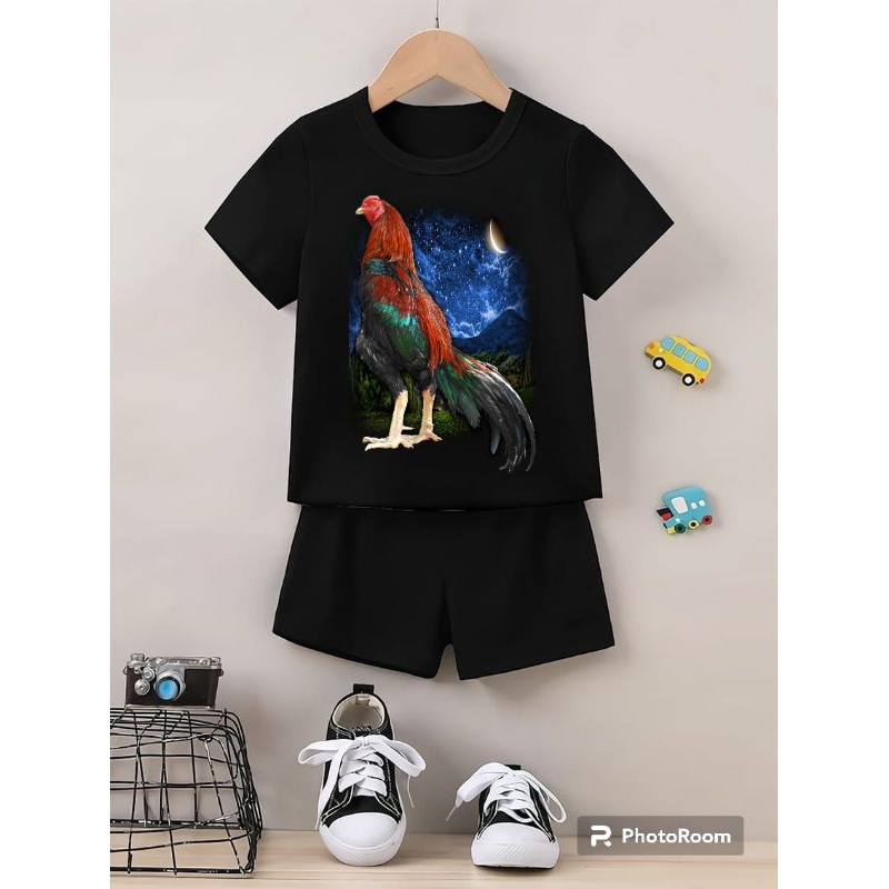 setelan anak cowok motif ayam bangkok bulan keren murah warna hitam