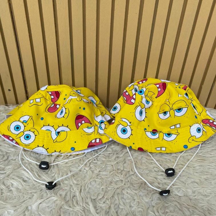Topi Bucket Hat Anak Tali Sablon SpongeBob Bahan Drill
