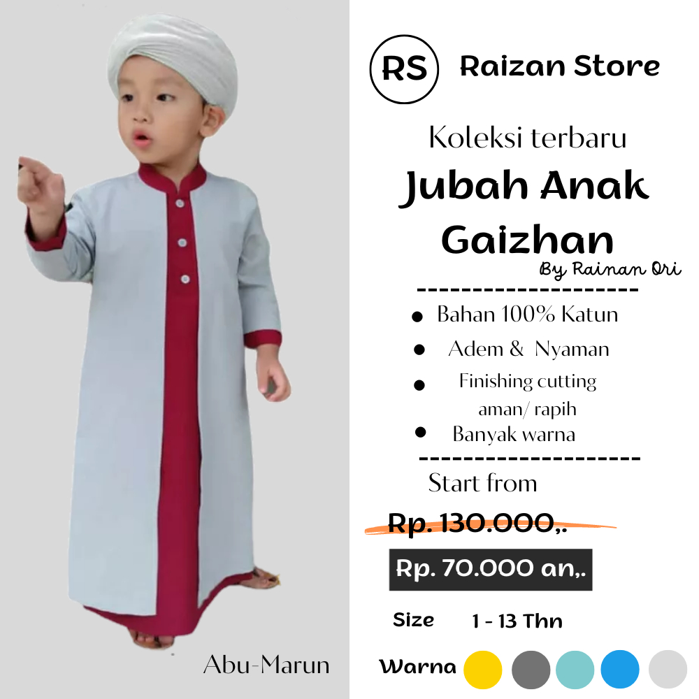exclusive jubah anak laki laki gaizhan by rainan ori / baju gamis anak laki laki 1-13 tahun terbaru