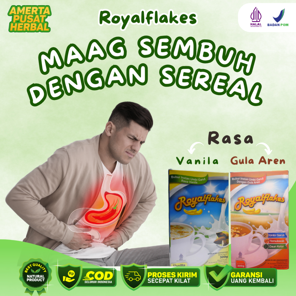 

ROYALFLAKES Sereal Umbi Garut Atasi Maag Asam Lambung Perut Kembung Melancarkan Pencernaan dan Peredaran Darah - Rasa Vanilla dan Rasa Gula Aren 300 Ml