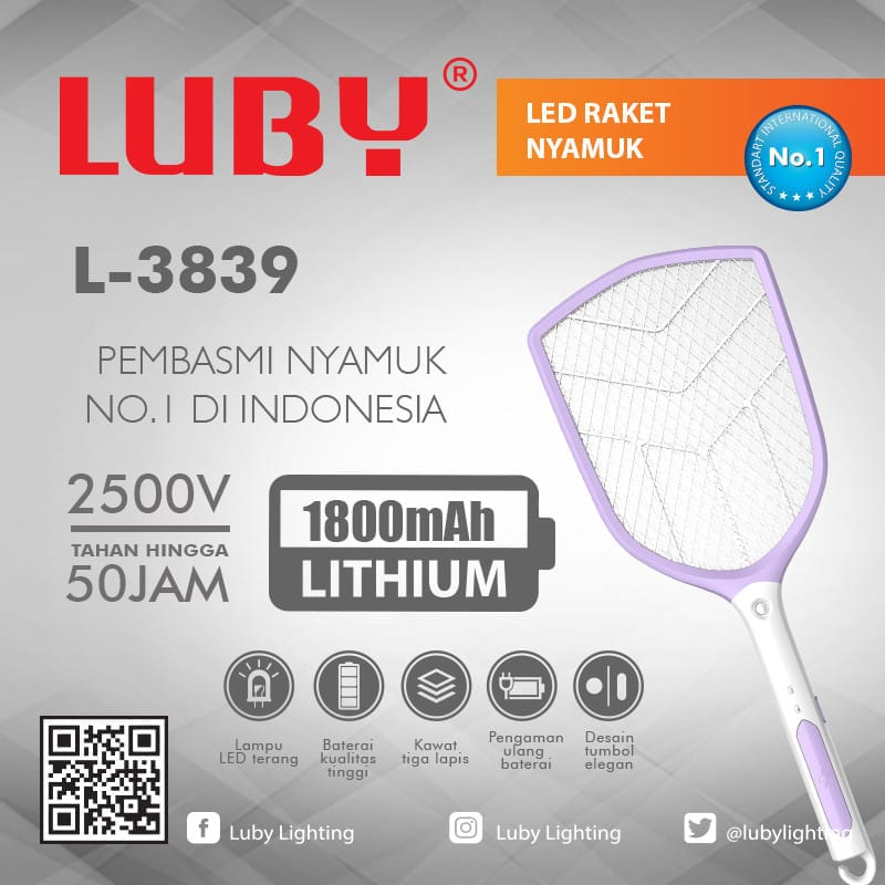 RAKET NYAMUK CHARGE LISTRIK MERK LUBY L-3839 BATERE LITHIUM SUPER JUMBO SIZE