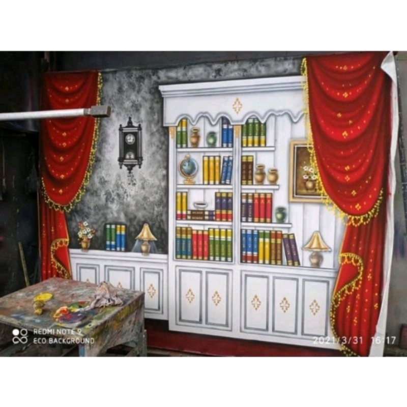 background latar wisuda motif rak buku