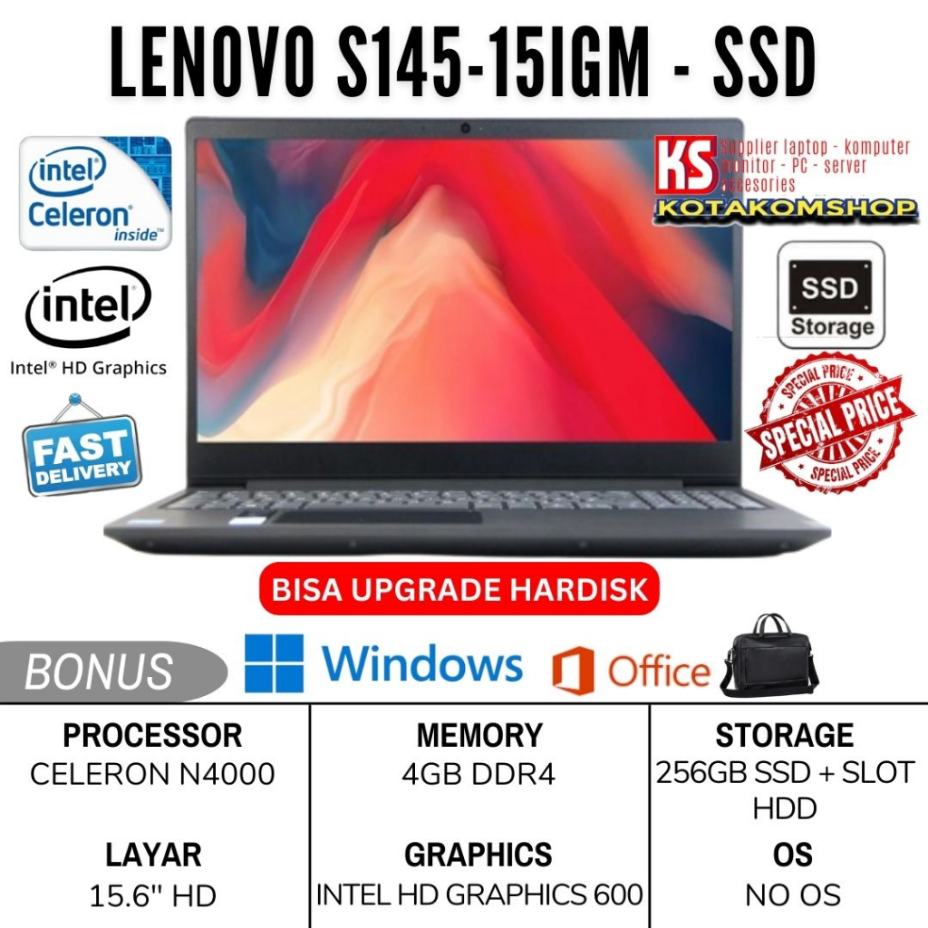 LAPTOP LENOVO S145-15IGM Intel N4020 Ram 4Gb Ssd 256Gb 15.6" Hd