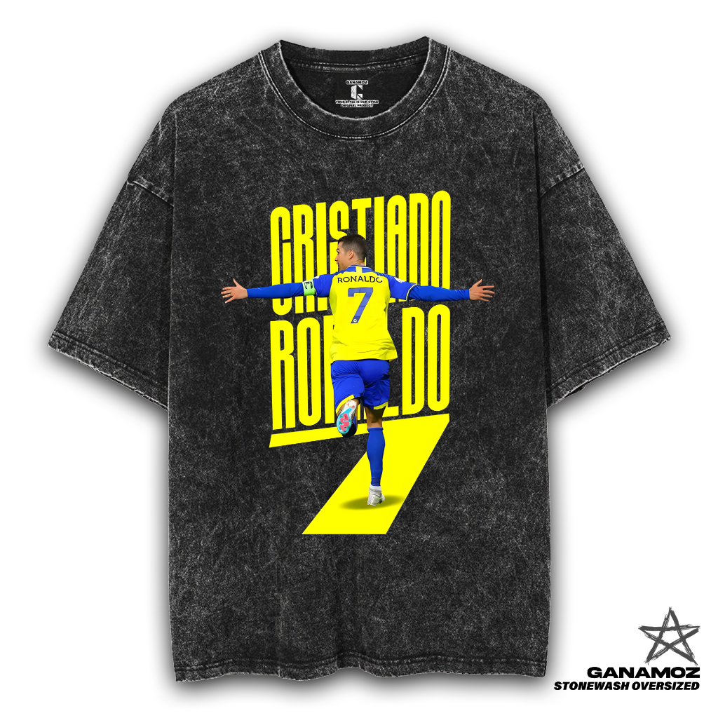 GANAMOZ Kaos Bola CRISTIANO RONALDO AL-NASSR FC Stone Wash Oversize T-shirt | Kaos Oversize Wanita |
