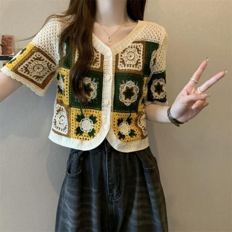 [IMPORT] Crochet Crop Top Knit Cardigan Floral Patchwork Multicolor Short Sleeve Beige Green Yellow 