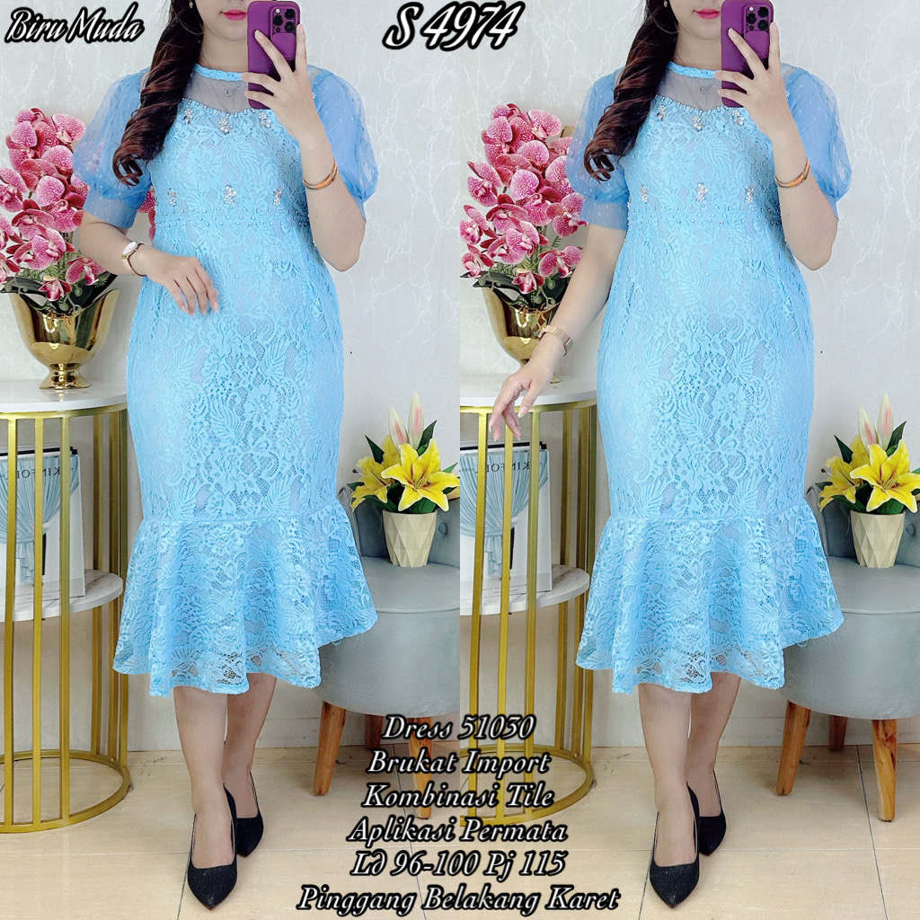 4974 #Dress Brukat Duyung Biru Muda Permata premium