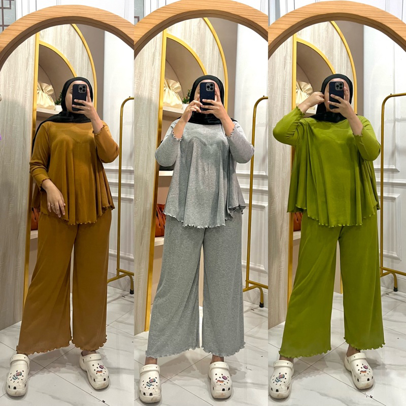 Atachi Setelan Rib Knit Wanita Lengan 7/8 Celana Panjang Baju Atasan Setelan Wanita Dewasa Polos Den
