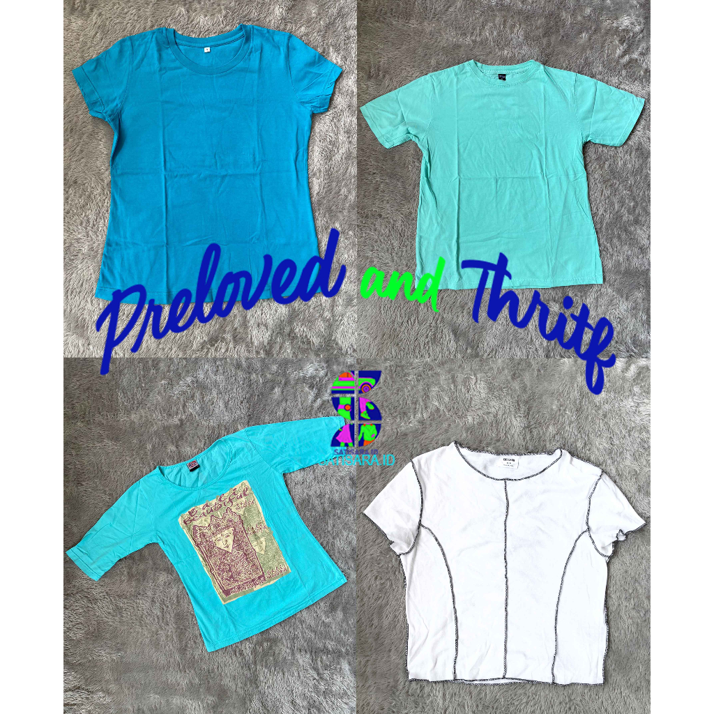 T-Shirt / Kaos Oblong / Kaos Lengan Pendek Warna Hijau Tosca Biru Tosca Putih Preloved