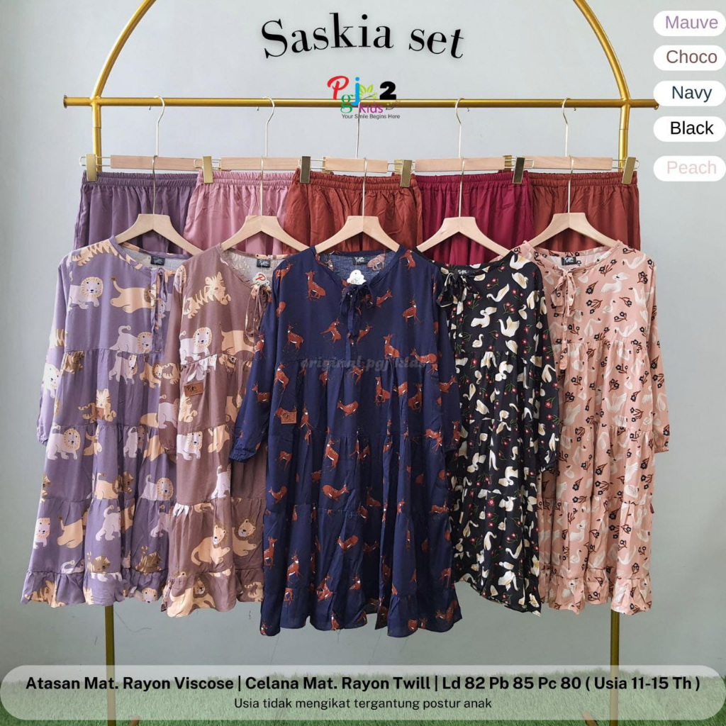 BISA COD Setelan Anak Remaja Perempuan Atasan Tunik Motif Dan Celana Kulot Polos Saskia Set PGJ2
