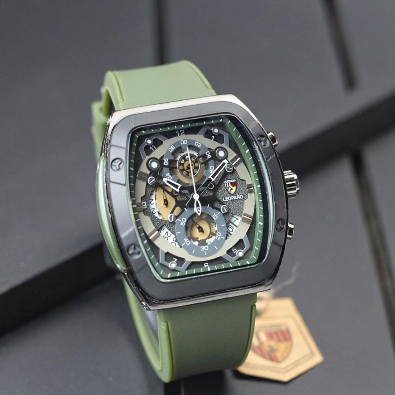 JAM TANGAN PRIA LEOPARD 8802 TALI RUBBER CHRONOGRAPH WATER RESISTENCE FITUR TANGGAL AKTIF DIAMETER 4